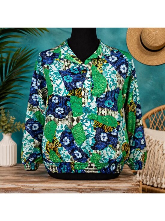 Abbey's Sportwear Tops - Green Blue 90s Retro Abstract Floral Blouse Elastic Hem Women M / 46" Chest